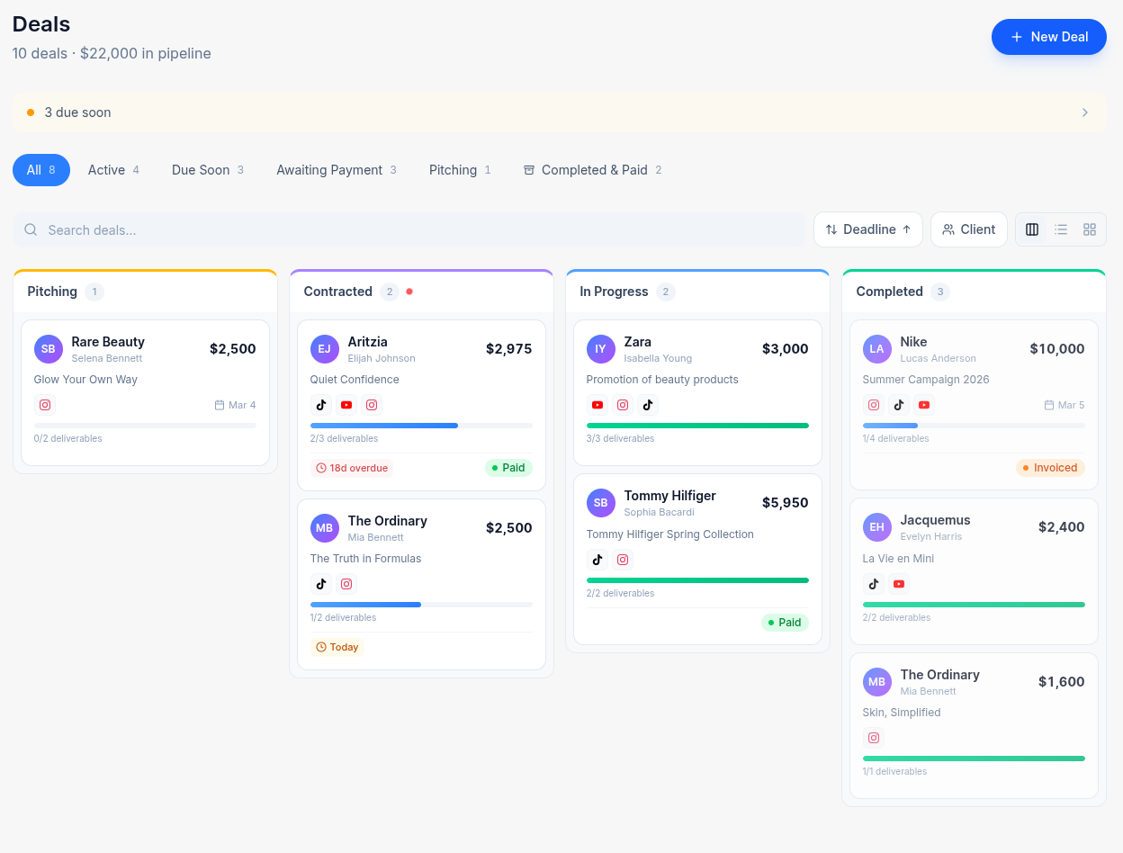Deal management Kanban board showing deals organized in pipeline columns
