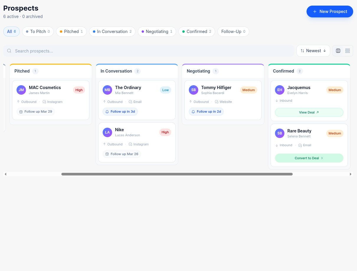 CollabCord desktop prospects board with drag-and-drop Kanban prospect stages