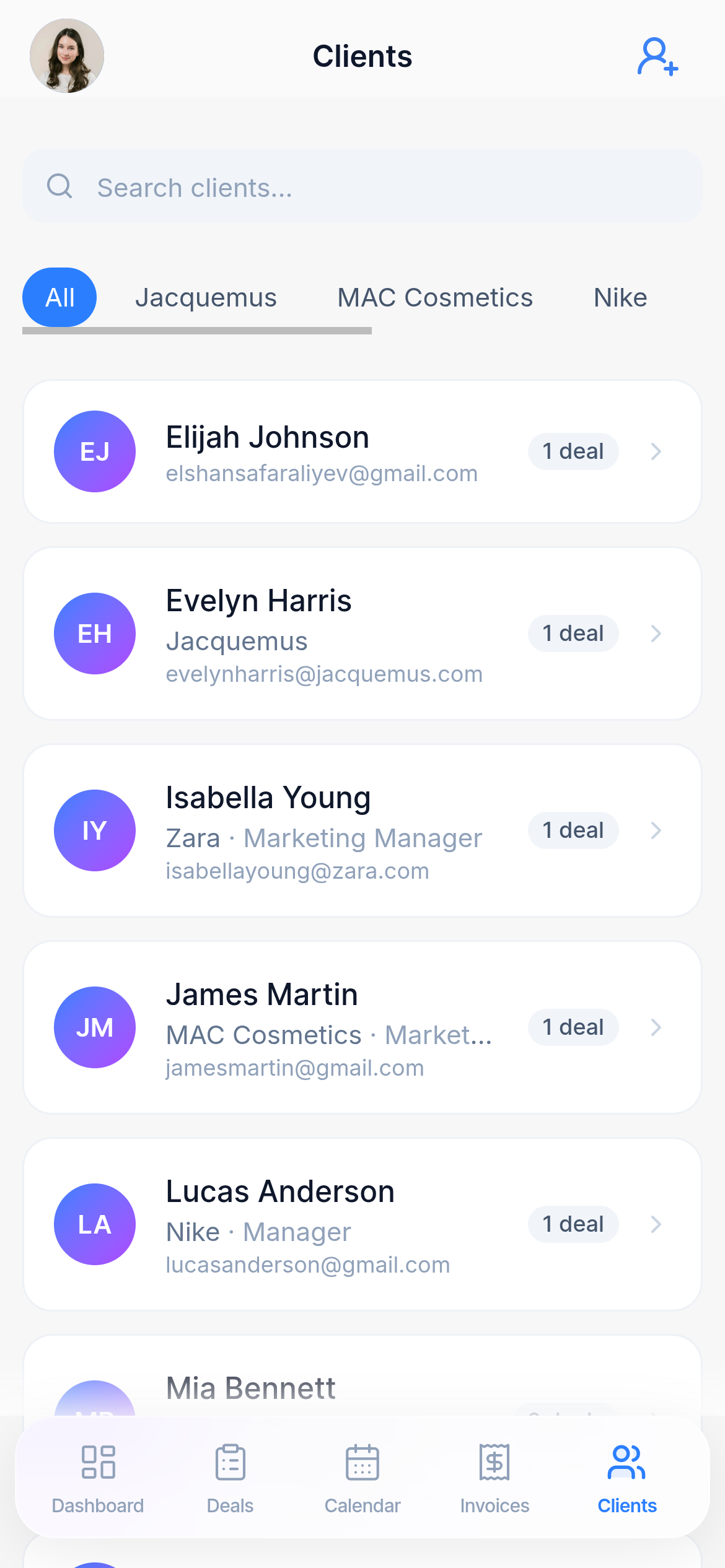 CollabCord mobile clients page with contact and billing details