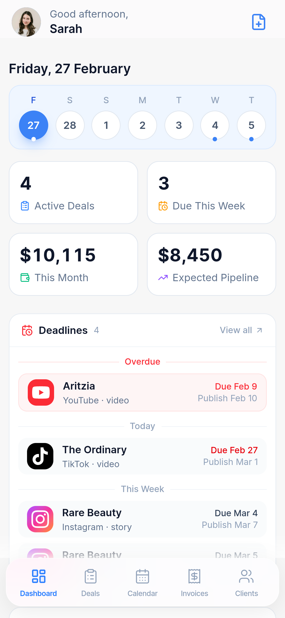 CollabCord mobile dashboard with creator deal and earnings summary